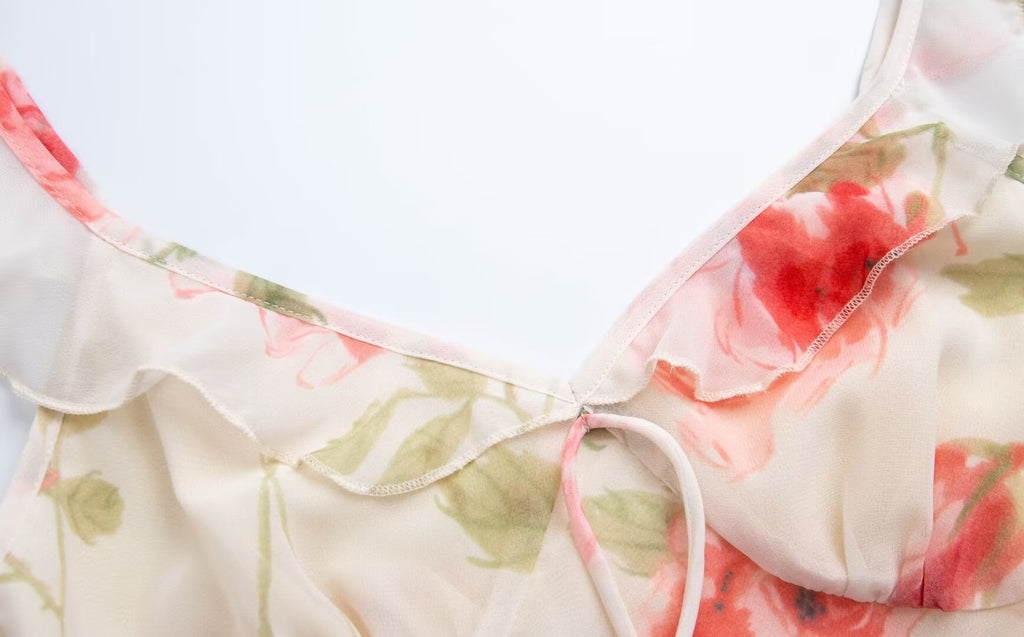 Women's French Floral Ruffle V-Neck Fishtail Dress