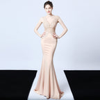 Women's Wedding Handmade Applique Beaded Toast Bride Long Dinner Slim Dress