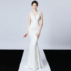 Women's Wedding Handmade Applique Beaded Toast Bride Long Dinner Slim Dress