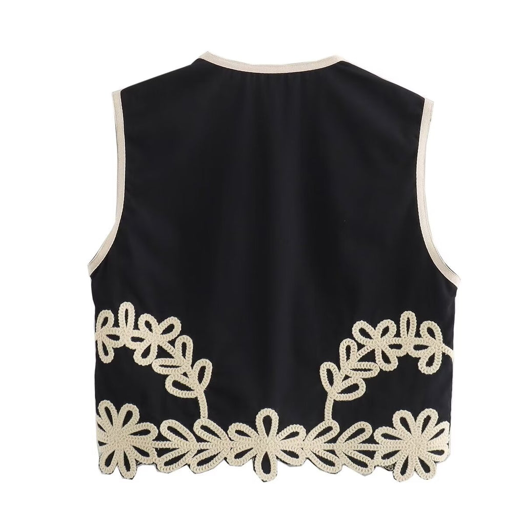 Summer Embroidery Short V-Neck Vest Embroidered Trousers Three-Piece Set