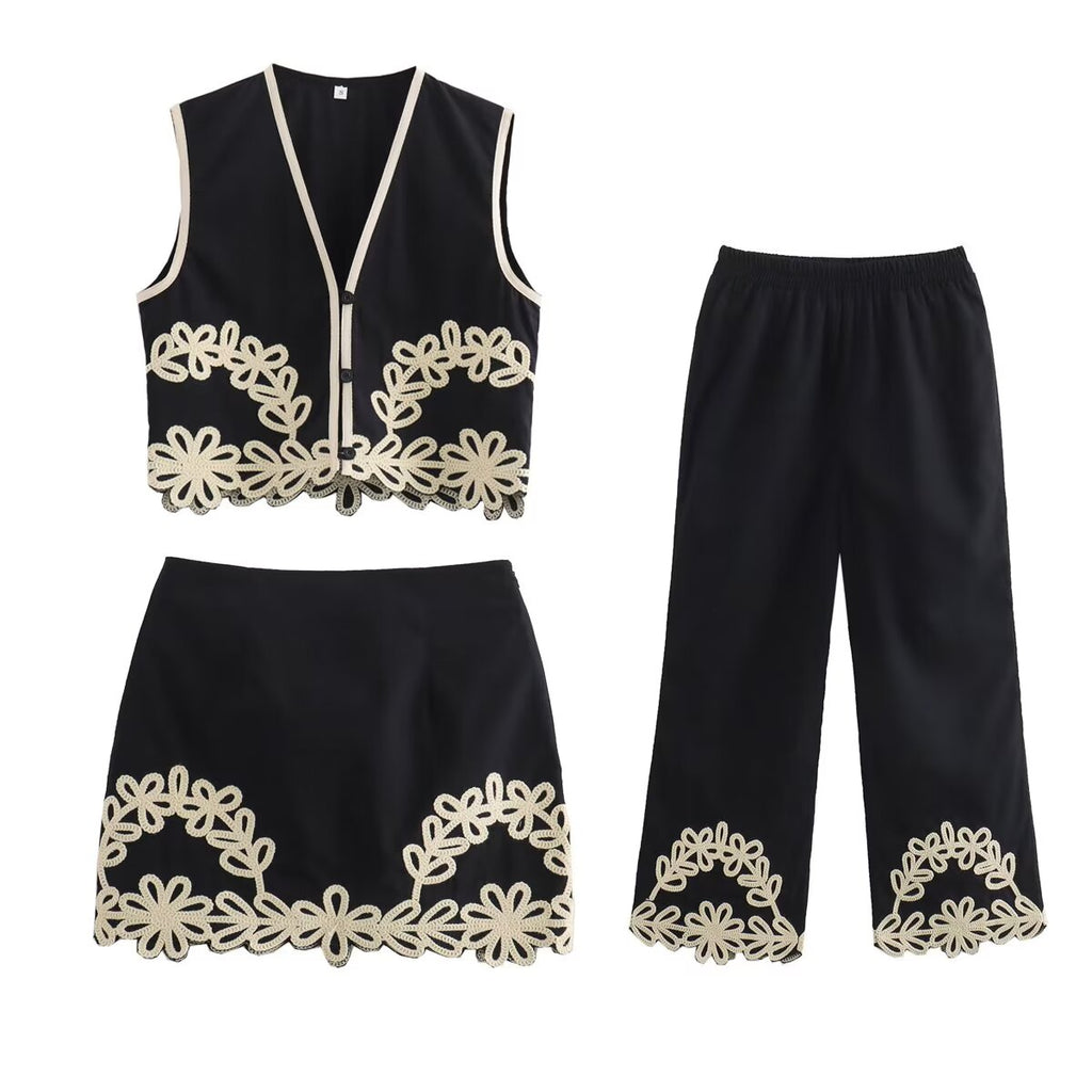 Summer Embroidery Short V-Neck Vest Embroidered Trousers Three-Piece Set