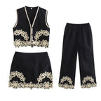 Summer Embroidery Short V-Neck Vest Embroidered Trousers Three-Piece Set