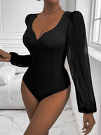 Women's Black Mesh V-Neck Long Sleeve Jumpsuit