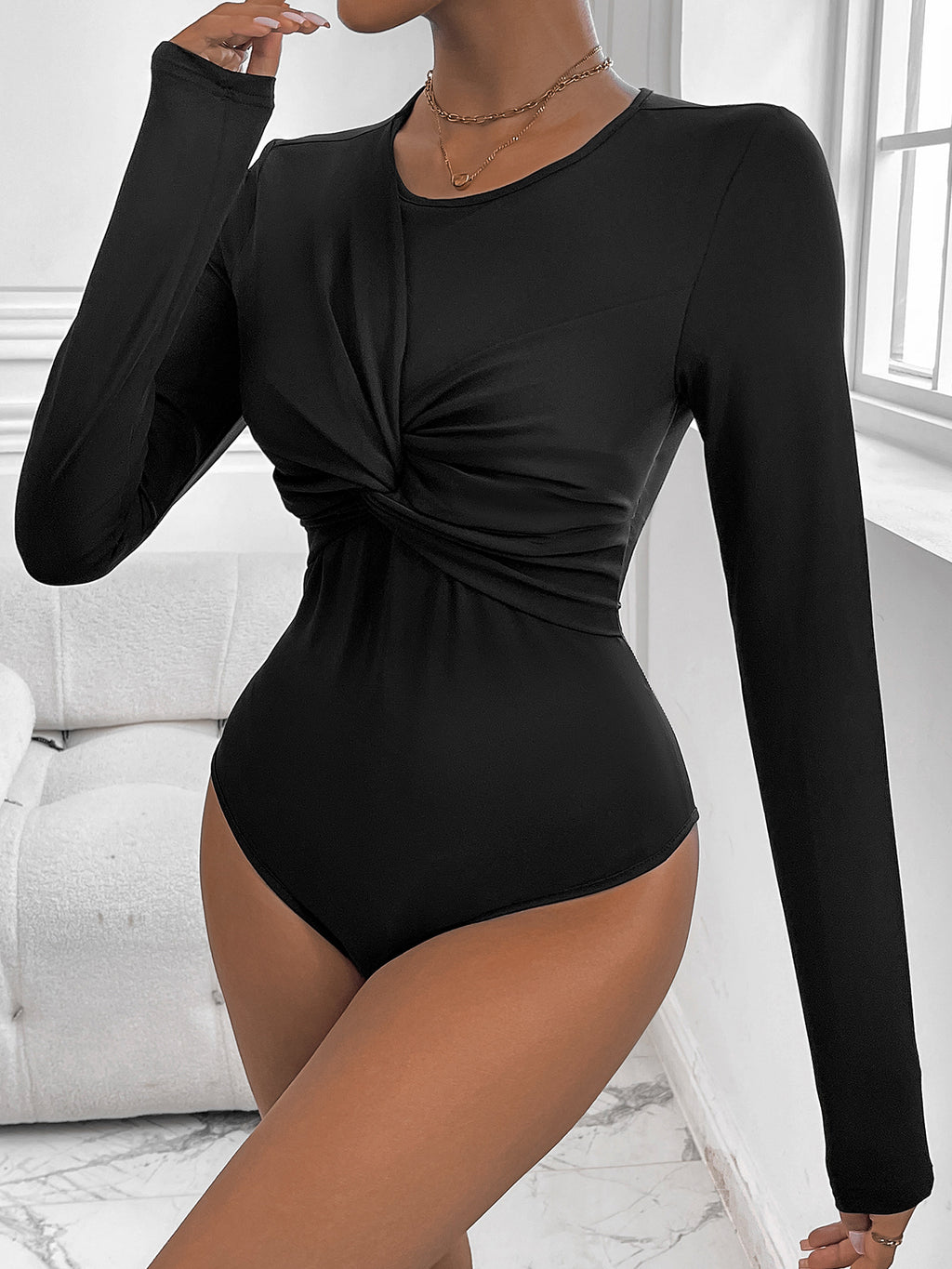 Women's Black Ruched Long Sleeve Slim Jumpsuit