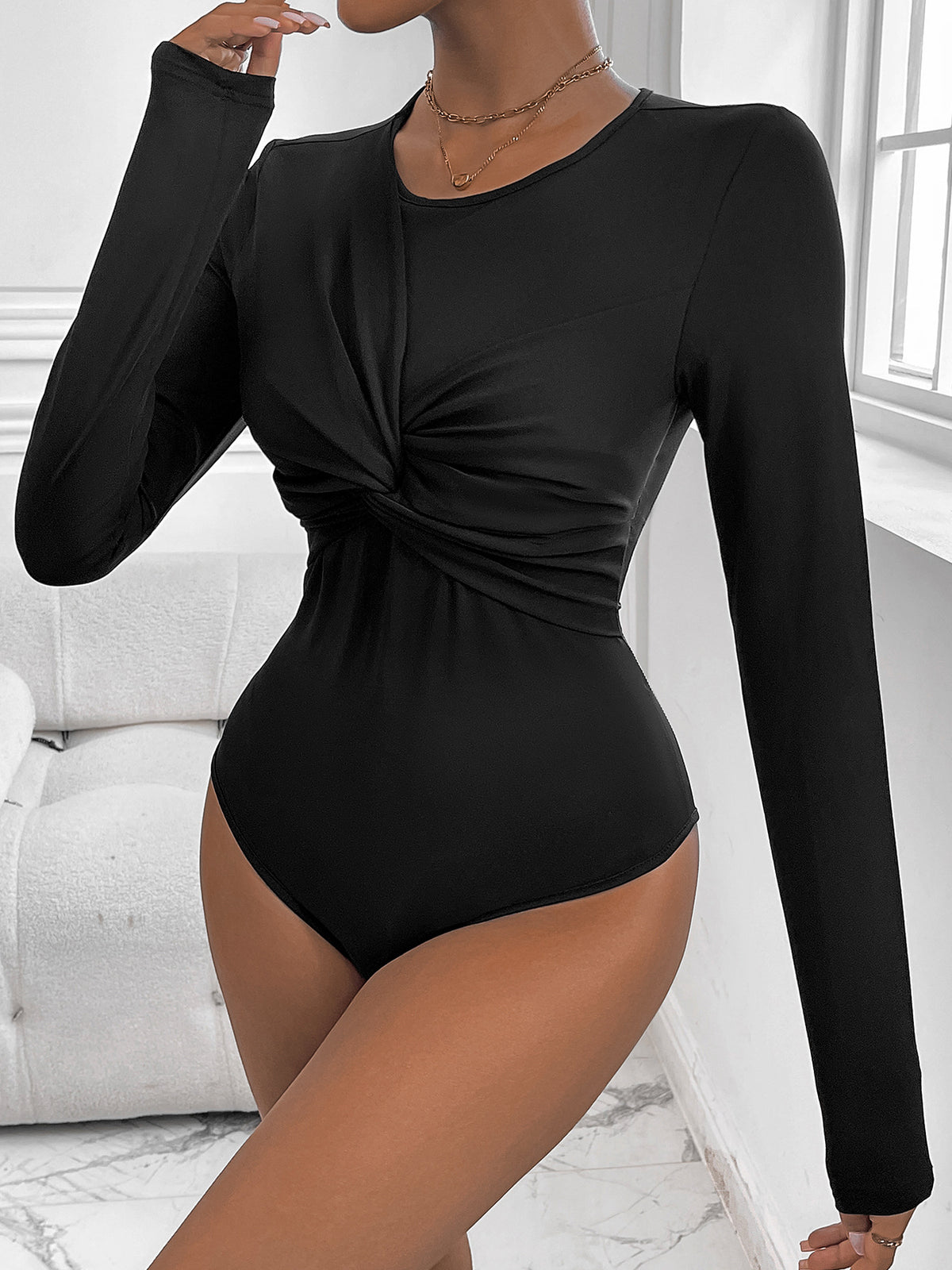 Women's Black Ruched Long Sleeve Slim Jumpsuit