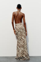 Women's Summer Printed Silk Net Hanging Collar Dress