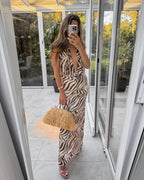 Women's Summer Printed Silk Net Hanging Collar Dress