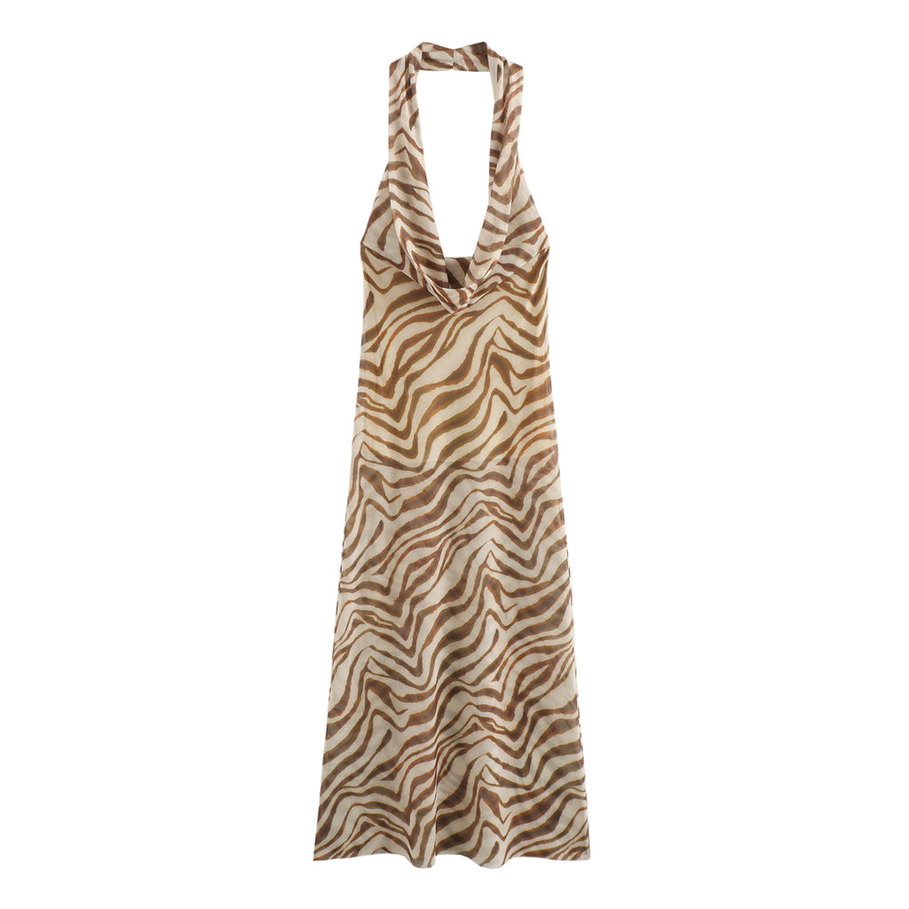 Women's Summer Printed Silk Net Hanging Collar Dress