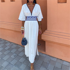 Summer Fresh Simple Linen Embroidery V-Neck Short Sleeve Dress