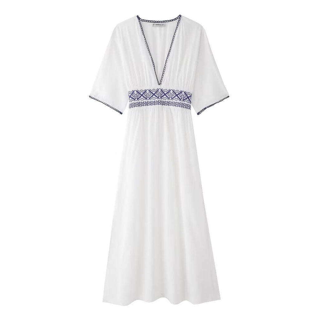 Summer Fresh Simple Linen Embroidery V-Neck Short Sleeve Dress