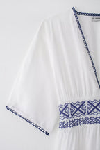 Summer Fresh Simple Linen Embroidery V-Neck Short Sleeve Dress