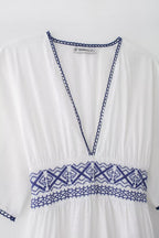 Summer Fresh Simple Linen Embroidery V-Neck Short Sleeve Dress