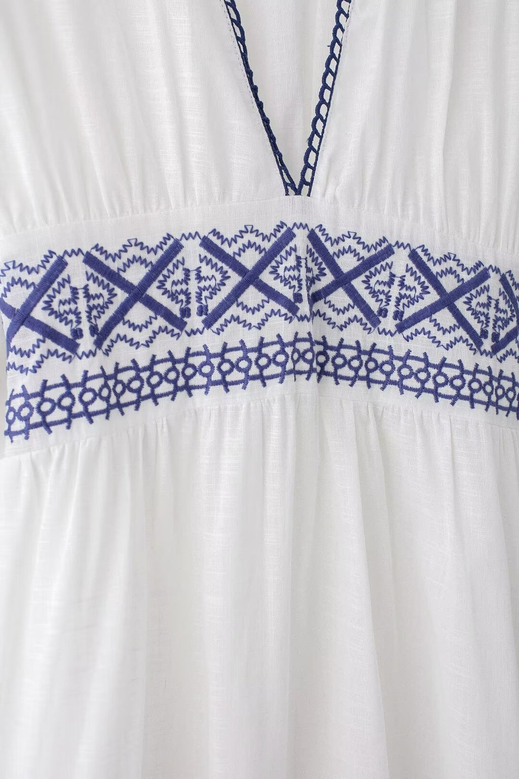 Summer Fresh Simple Linen Embroidery V-Neck Short Sleeve Dress
