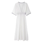Summer Fresh Simple Linen Embroidery V-Neck Short Sleeve Dress