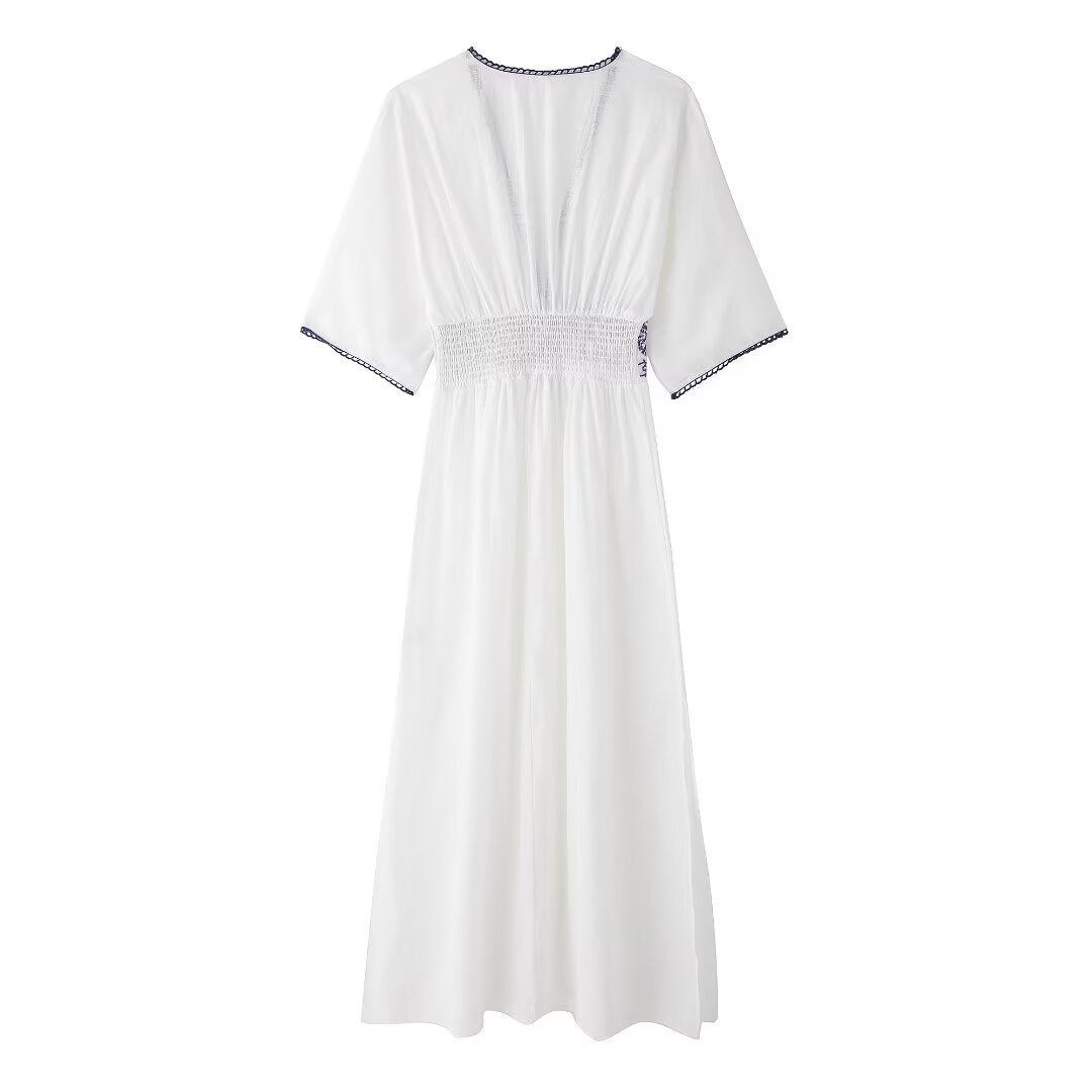 Summer Fresh Simple Linen Embroidery V-Neck Short Sleeve Dress