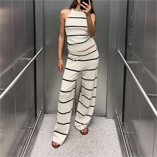 Women's Summer Diagonal Cut Knitted Camisole Striped Pants