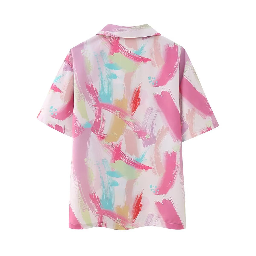 Women's Collared Print Short Sleeve Shirt