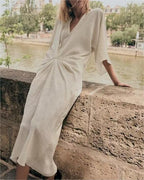 Solid-Color Pleated Midi Dress
