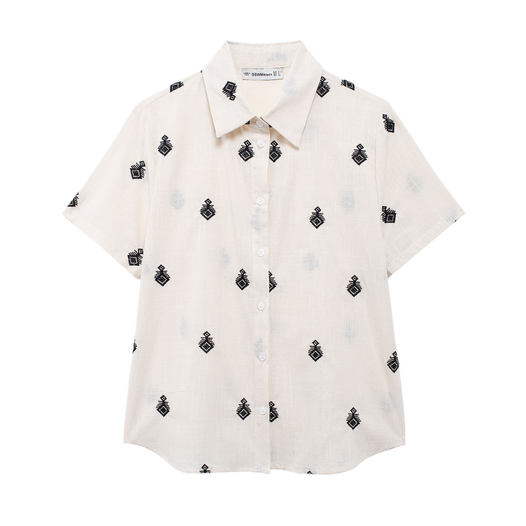 Women's Summer Color Contrast Embroidered Short Sleeve Shirt Outfit