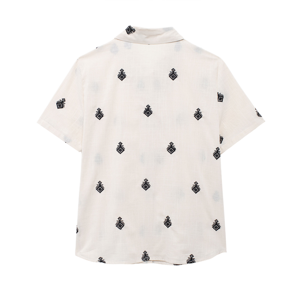 Women's Summer Color Contrast Embroidered Short Sleeve Shirt Outfit