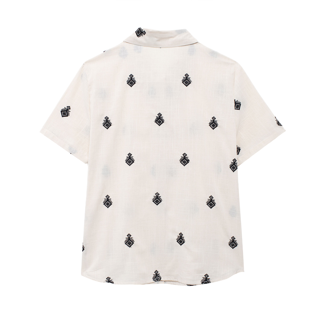 Women's Summer Color Contrast Embroidered Short Sleeve Shirt Outfit