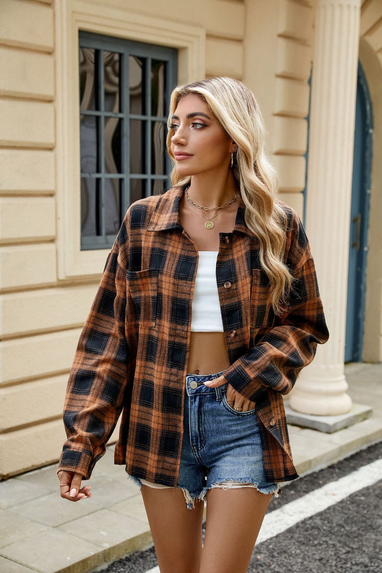Loose Plaid Polo Long Sleeve Shirt