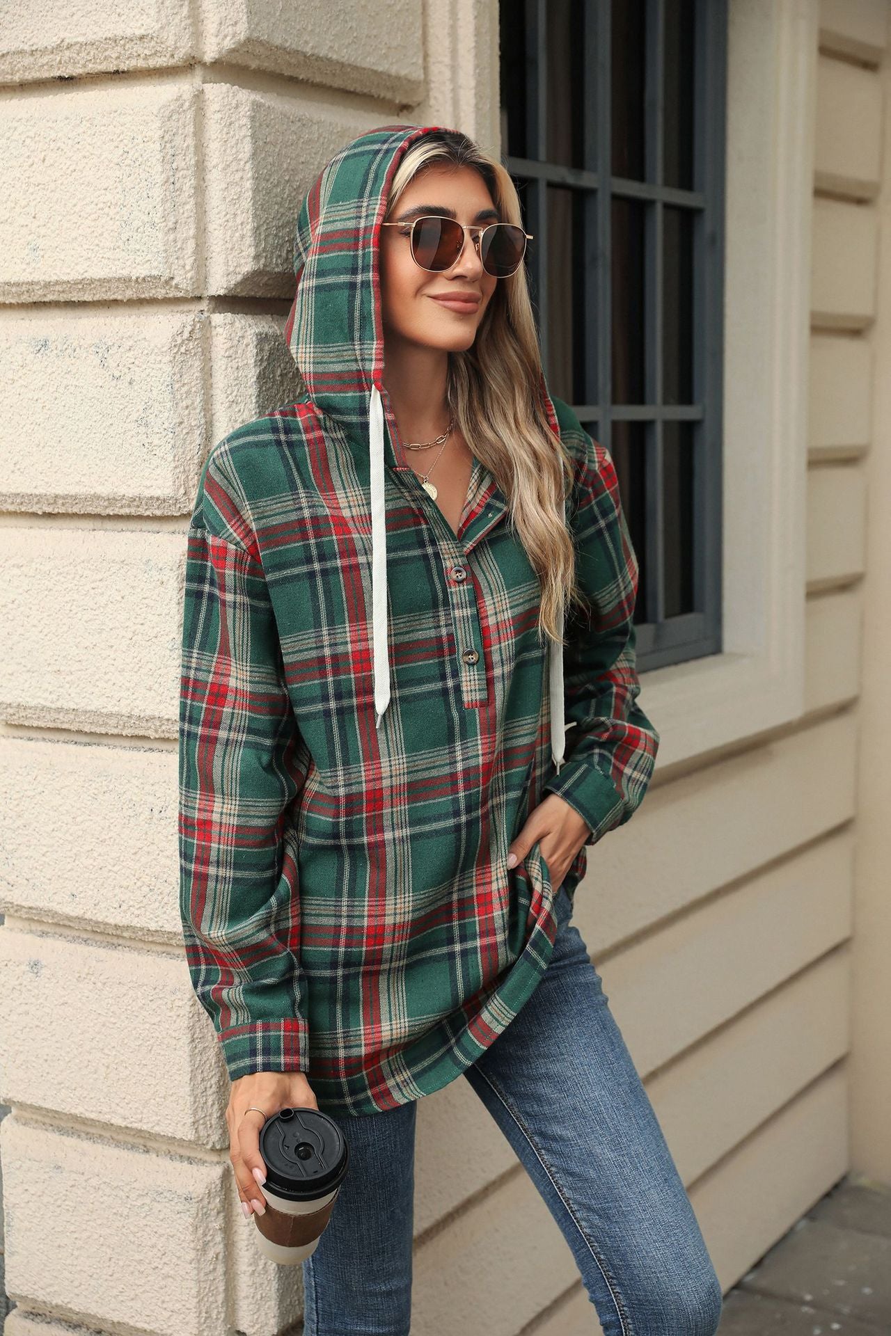 Hooded Plaid Button Coat