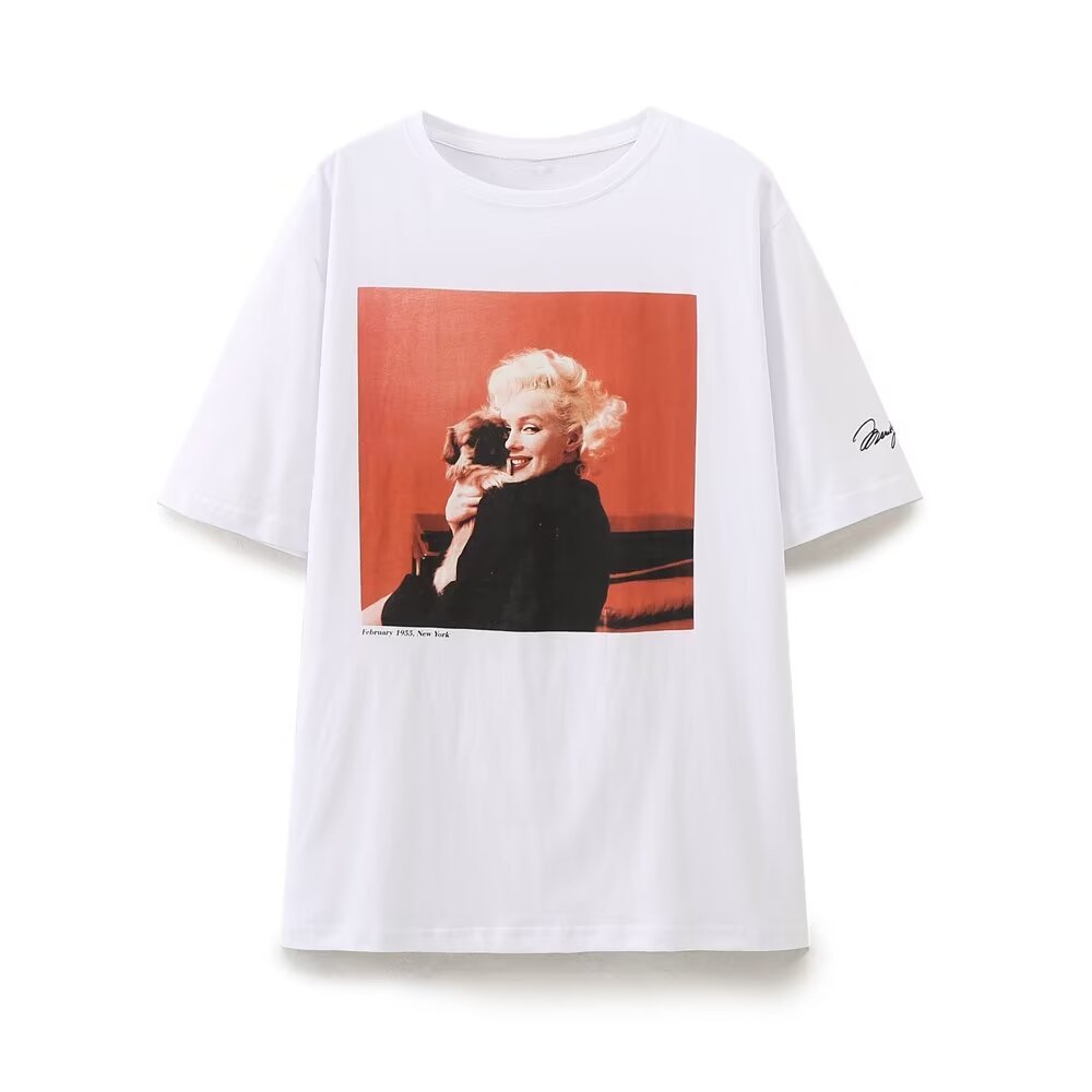 Women Clothing Summer Contrast Color Girl Pattern Pullover Round Neck Short Sleeve