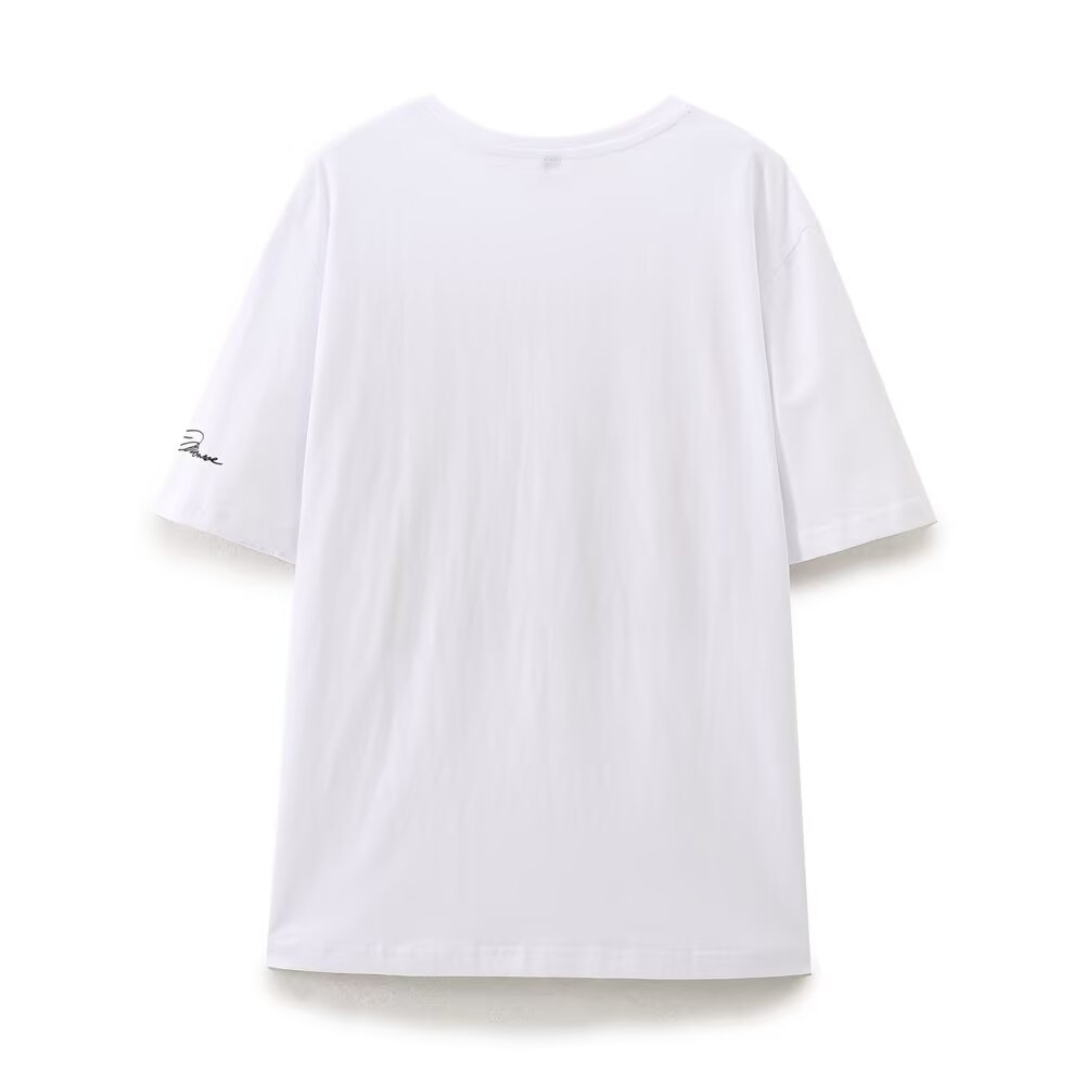 Women Clothing Summer Contrast Color Girl Pattern Pullover Round Neck Short Sleeve