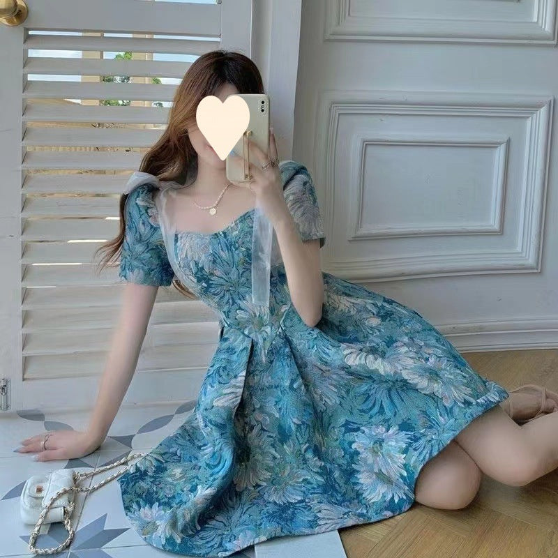 Women's Floral Dress Women Summer French Cinched Short Dress Niche Design Sweet Puff Sleeve Dress