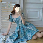 Women's Floral Dress Women Summer French Cinched Short Dress Niche Design Sweet Puff Sleeve Dress