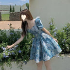 Women's Floral Dress Women Summer French Cinched Short Dress Niche Design Sweet Puff Sleeve Dress