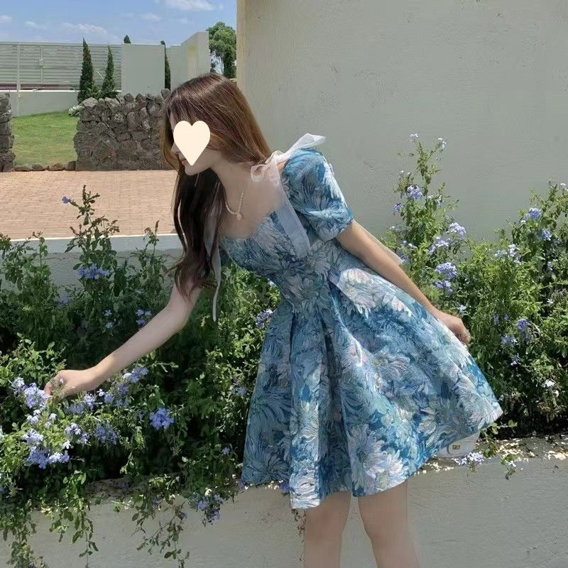 Women's Floral Dress Women Summer French Cinched Short Dress Niche Design Sweet Puff Sleeve Dress