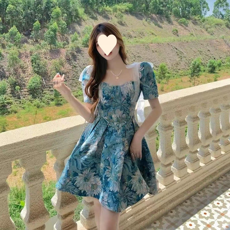 Women's Floral Dress Women Summer French Cinched Short Dress Niche Design Sweet Puff Sleeve Dress