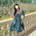 Women's Floral Dress Women Summer French Cinched Short Dress Niche Design Sweet Puff Sleeve Dress