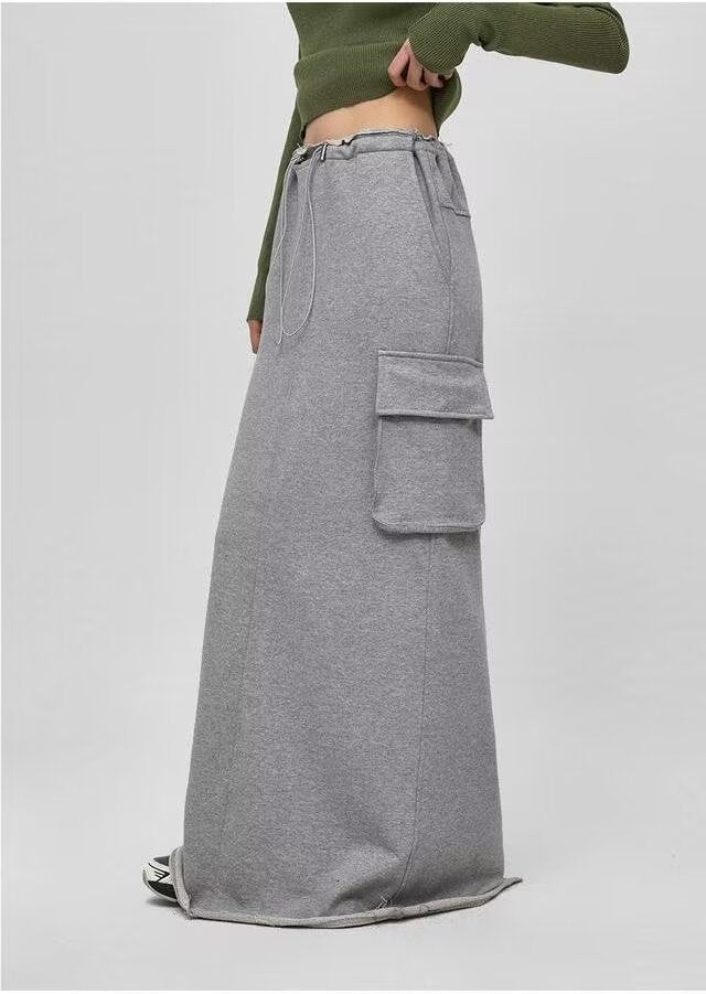 High-Waist Drawstring Slit Midi Skirt