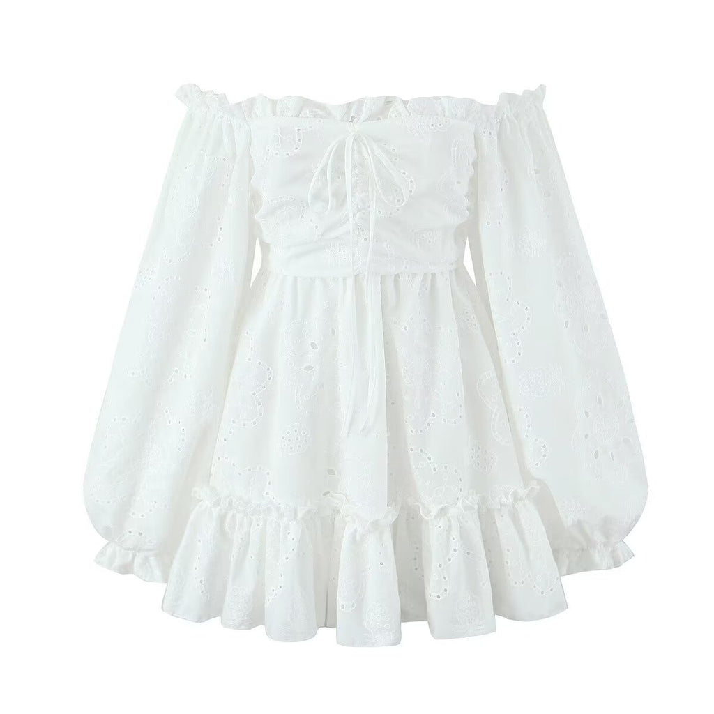 Embroidered Off-Shoulder Ruffled Mini Dress