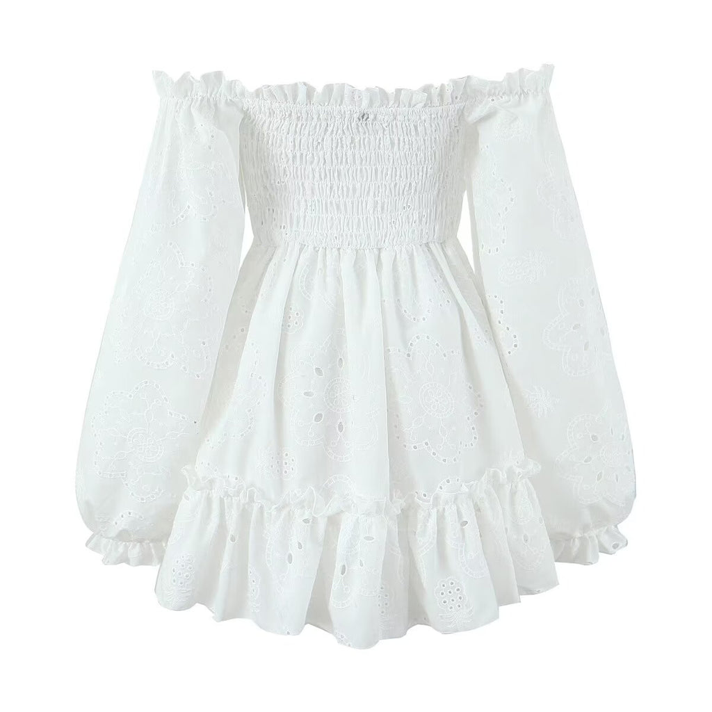 Embroidered Off-Shoulder Ruffled Mini Dress