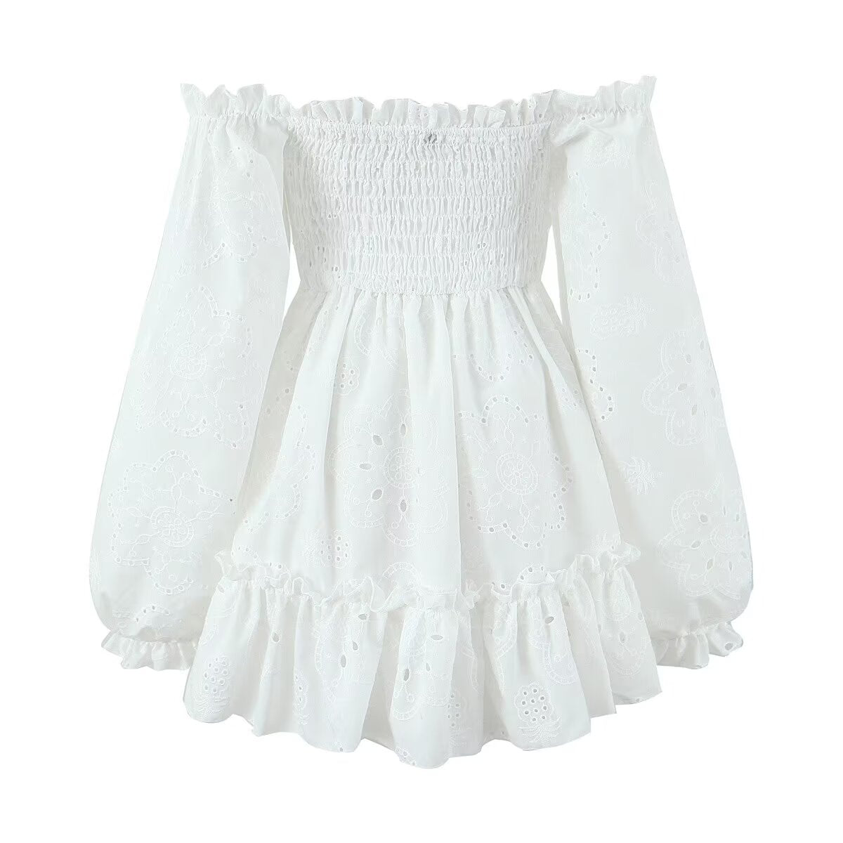 Embroidered Off-Shoulder Ruffled Mini Dress