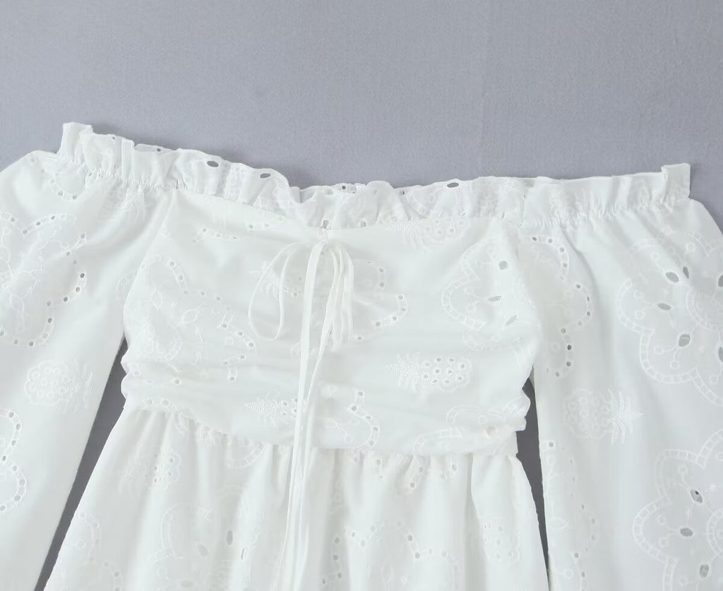 Embroidered Off-Shoulder Ruffled Mini Dress