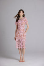 Rhinestone Button Belted Midi Dress