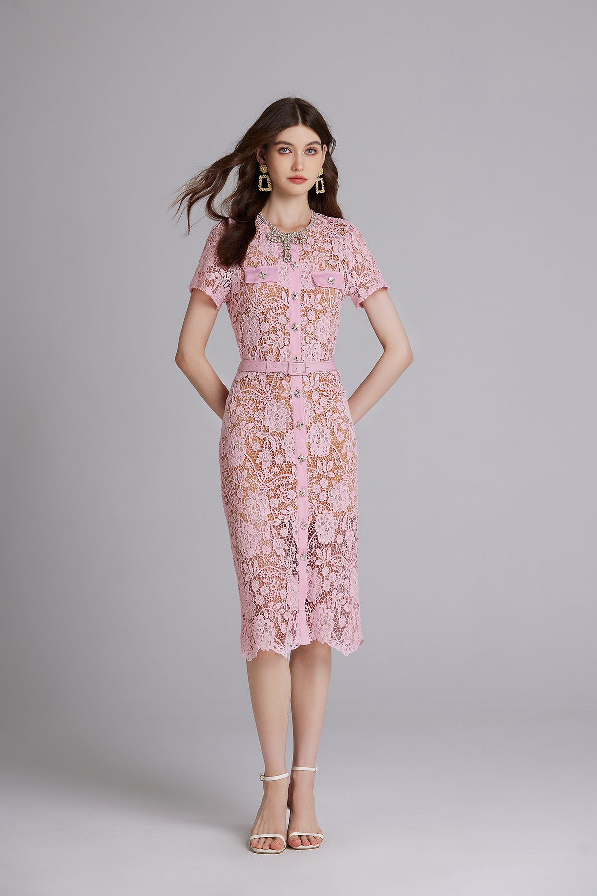 Rhinestone Button Belted Midi Dress