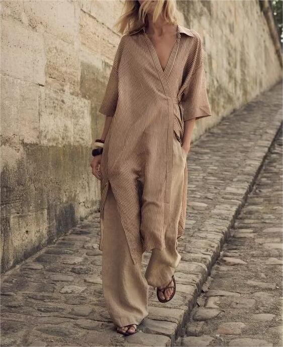 Women's Summer Striped Midi Dress Striped Pajama Pants Suit