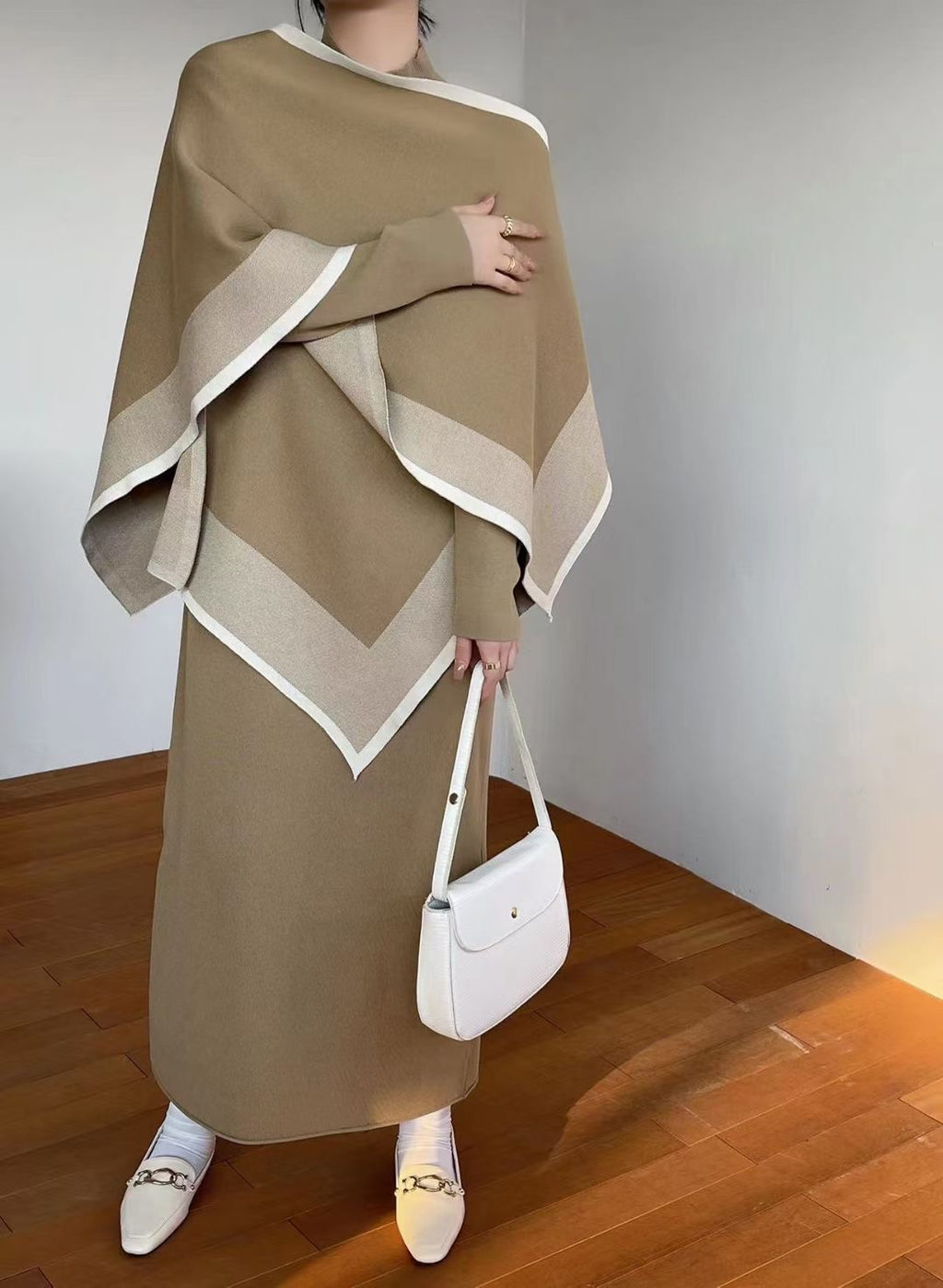 Mock-Neck Long-Sleeve Knit A-Line Midi Dress
