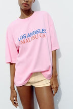 Women's Summer Women Clothing Stylish Simple Pink Printed T Shirt