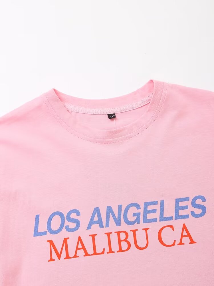Women's Summer Women Clothing Stylish Simple Pink Printed T Shirt