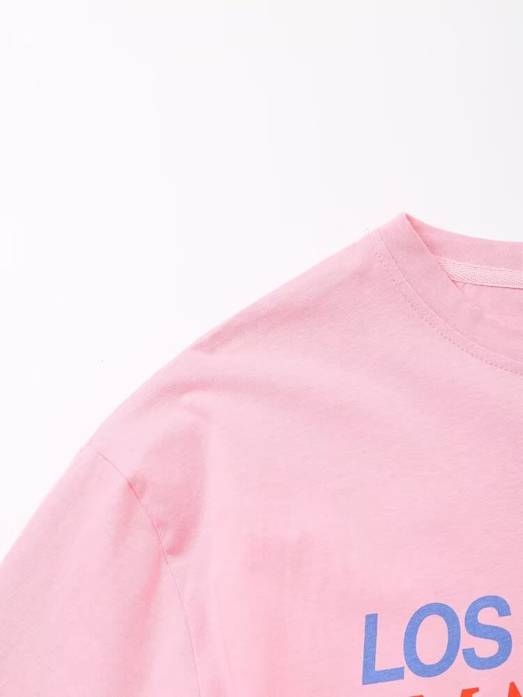 Women's Summer Women Clothing Stylish Simple Pink Printed T Shirt