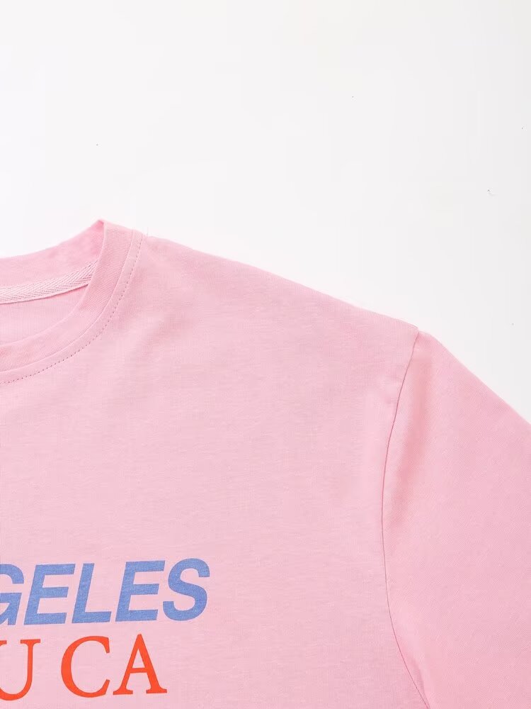 Women's Summer Women Clothing Stylish Simple Pink Printed T Shirt