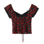 Women's Summer Cherry Printed Sexy Drawstring Lace Collar Short Small Shirt