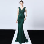 Women's Wedding Handmade Applique Beaded Toast Bride Long Dinner Slim Dress